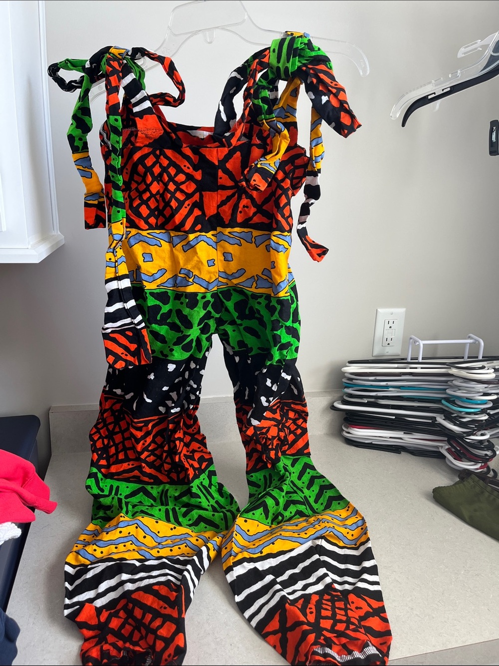 Colorful Tie-Shoulder Patterned Jumpsuit - Green/Red/Yellow/Black
